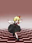  ahoge blonde_hair blush bow checkered checkered_floor fang hair_bow hair_ribbon highres hiro_(pqtks113) open_mouth outstretched_arms red_eyes ribbon rumia short_hair solo spread_arms touhou 