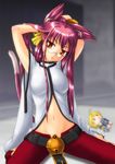  adjusting_hair animal_ears arc_system_works arms_up bell belt blazblue bracelet breasts cat_ears cat_eyes cat_tail doll female highres jewelry kokonoe labcoat lambda-11 long_hair midriff multiple_tails orange_eyes pants pink_hair ponytail ribbon rifa sandals sitting slit_pupils solo tail yellow_ribbon 