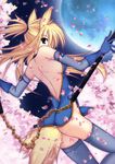  animal_ears backless_outfit bad_id bad_pixiv_id bare_back blonde_hair blue_eyes breasts chain cherry_blossoms elbow_gloves full_moon gloves highres long_hair medium_breasts moon nanahosi_seiiki night original petals side_slit sideboob solo tail thighhighs twintails weapon 