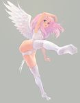  armpits blue_eyes blush feathered_wings feet foreshortening open_mouth original pink_hair simple_background solo thighhighs weno white_legwear wings 