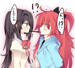  akemi_homura food homu long_hair mahou_shoujo_madoka_magica matsushita_yuu mitakihara_school_uniform multiple_girls pocky pocky_kiss ponytail red_eyes red_hair sakura_kyouko school_uniform shared_food translated yuri 