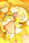  blonde_hair bow brooch choker crop_top cure_sunshine dress hair_ribbon heart heart-shaped_pupils heartcatch_precure! jewelry long_hair magical_girl midriff myoudouin_itsuki navel orange_bow orange_choker precure ribbon rocd smile solo symbol-shaped_pupils twintails wrist_cuffs yellow yellow_bow yellow_eyes 