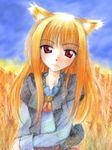 animal_ears bad_id bad_pixiv_id brown_hair colored_pencil_(medium) gofu holo long_hair red_eyes solo spice_and_wolf traditional_media wheat wolf_ears 