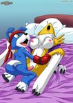  bed boxing_gloves breasts canine digihentai digimon fangs fox gaomon on_back penetration penis pussy renamon spread_legs spreading 