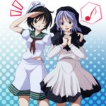  arm_around_neck bad_id bad_pixiv_id black_hair blue_eyes blue_hair blush capelet dress eighth_note green_eyes grin halftone halftone_background hand_on_shoulder hands_clasped hat highres hood kumoi_ichirin midriff multiple_girls murasa_minamitsu musical_note necktie one_eye_closed own_hands_together s-syogo sailor sailor_hat salute smile speech_bubble spoken_musical_note touhou white_dress 