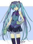  aqua_hair arm_tattoo bare_shoulders black_legwear black_skirt blue_background blue_eyes blue_hair blue_neckwear blue_shirt closed_mouth clothes_writing collared_shirt copyright_name cowboy_shot eyebrows_visible_through_hair gloves green_gloves hair_ornament hand_on_hip hatsune_miku long_hair looking_to_the_side mrfatso necktie number_tattoo shirt signature simple_background skirt sleeveless sleeveless_shirt smile solo standing tattoo thighhighs very_long_hair vocaloid wing_collar zettai_ryouiki 