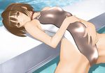  breasts brown_eyes brown_hair collar competition_swimsuit non-web_source one-piece_swimsuit parted_lips pool poolside short_hair small_breasts solo swimsuit tanaka_takayuki third-party_edit water 