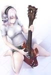  between_legs breasts erect_nipples guitar headphones kneeling large_breasts oppai shorts soniko super_soniko thighs 