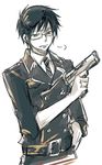  ao_no_exorcist bespectacled black_hair glasses gun male male_focus okumura_yukio simple_background uniform weapon 