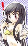  a_channel bikini black_hair blush brown_eyes collarbone highres kuon_mochiaki long_hair midriff navel nishi_yuuko open_mouth solo surprised swimsuit tsurime wardrobe_malfunction 