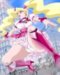  blonde_hair boots bow choker cure_peach eyelashes foreshortening fresh_precure! ground_shatter hair_ornament heart heart_hair_ornament knee_boots long_hair magical_girl momozono_love pink_bow pink_choker pink_eyes pink_footwear precure solo twintails 