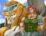  blonde_hair blue_eyes dtcy gloves gunleon male_focus mecha multicolored_hair muscle rand_travis red_hair short_hair smile super_robot_wars super_robot_wars_z thumbs_up two-tone_hair 