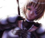  armor blonde_hair bodysuit boken_fantasy claymore claymore_(sword) collarbone hair_over_one_eye one-eyed parted_lips rafaela scar short_hair silver_eyes solo sword sword_behind_back weapon 