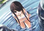  bell black_hair blue_eyes blush breasts choker cleavage downblouse dutch_angle embarrassed eyepatch flower frown highres long_hair looking_at_viewer medium_breasts open_mouth original por solo wading water wet wet_clothes 