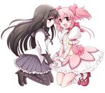  akemi_homura bad_id bad_pixiv_id black_eyes black_hair gloves hiroichi kaname_madoka kneeling long_hair mahou_shoujo_madoka_magica multiple_girls pantyhose pink_eyes pink_hair short_hair twintails 