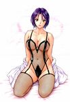  areolae arms_behind_back bare_shoulders bed_sheet brown_eyes bustier cleavage collarbones fishnet_stockings fishnets futari_no_kizuna garter_straps kneeling leather open_shirt petals purple_hair shirt short_hair sitting stockings straps underwear_only undressing white_shirt yuuki_tomoka 