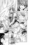  1girl androgynous bed blush choker comic crossdressing curtains dress finger_to_mouth frills greyscale hard_translated highres ikeda_miki ikeda_yoshinori jacket kneehighs kneeling lolita_fashion long_hair long_sleeves mary_janes miyano_tomochika monochrome non-web_source open_mouth otoko_no_ko ribbon sandals shoes short_shorts shorts socks surprised translated walk-in yubisaki_milk_tea 