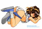  ass breasts brown_hair cheerleader embarrassed hairband medium_breasts midriff panties shibata_masahiro shirt_lift solo suzumiya_haruhi suzumiya_haruhi_no_yuuutsu underboob underwear white_panties 