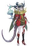  belt black_eyes blonde blonde_hair bracelet brown_eyes character_request dragon_girl dragon_tail dress female high_heels holding holding_weapon horns jewelry loped pointed_ears pointy_ears short_hair short_sleeves simple_background solo staff tail weapon white_background 