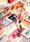  apron blonde blue_eyes blush casual cherry cooking cup curly_hair dorris drink eggs food girl happy hat kneehighs long_hair open_mouth plant skirt solo thighhighs 