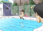  exhibitionism female jumping kneehighs long_hair male moriya_naoki nude onosaka_akane pool school translation_request water 