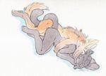 anthro canine cuddle cuddling duo feline from_behind gay kaputotter lying male mammal maned_wolf nude on_side panther plain_background spooning white_background 