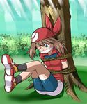  blue_eyes bondage brown_hair forest haruka_(pokemon) outdoors pokemon rope tagme tied tied_up tree 