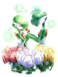  blush closed_eyes eyes_closed flower gallade gardevoir hand_holding holding_hands pokemon simple_background smile 