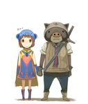  1girl animal_hat boots brown_hair cape couple dark_skin gloves hat hetero holding_hands moka._tapioka necktie original simple_background sweatdrop sword wavy_mouth weapon white_background 