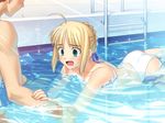  ahoge bikini blonde emiya_shirou fate/hollow_ataraxia fate/stay_night game_cg green_eyes mizugi open_mouth oshiri pool ribbon saber scared swimming takeuchi_takashi 