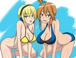  2girls all_fours artist_request ass blonde_hair blush bottomless breasts cleavage female fuuro_(pokemon) gym_leader jumon kamitsure_(pokemon) large_breasts multiple_girls no_panties pokemon pokemon_(game) pokemon_black_and_white pokemon_bw red_hair short_hair smile swimsuit 