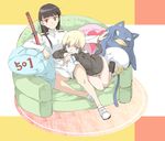  agahari animal_ears black_hair blonde_hair blue_eyes blush couch erica_hartmann eyepatch eyepatch_removed hair_down heterochromia long_hair lying military military_uniform mouth_hold multicolored_hair multiple_girls no_socks pillow sakamoto_mio scabbard sheath short_hair sitting smile strike_witches stuffed_toy sword tail two-tone_hair uniform weapon world_witches_series 