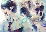  ao_no_exorcist bad_id bad_pixiv_id beard black_hair bleeding blood blood_on_face blue_eyes blue_fire brothers closed_eyes facial_hair father_and_son fire fujimoto_shirou glasses grave grey_hair grin hug male_focus manly_tears multiple_boys necktie okumura_rin okumura_yukio pointy_ears priest red_eyes seal_(seal1102) sharp_teeth siblings smile striped striped_neckwear tears teeth tombstone umbrella younger 