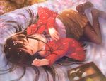  absurdres black_hair black_legwear blanket camisole cardigan cherry_blossoms closed_eyes feet food goto_p hanami hands highres lace long_hair long_sleeves lying no_shoes obentou original outdoors pantyhose petals shoes_removed skirt sleeping smile solo 