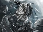  armor arrow axe battle bird cape cloud clouds dark dark_sky fantasy helmet holding horse jumping medieval polearm riding shield spear weapon yana_yana 