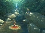  afloat backpack bad_id bad_pixiv_id bag blue_hair dappled_sunlight day dress forest green_hair hair_bobbles hair_ornament hair_ribbon highres kagiyama_hina kawashiro_nitori multiple_girls nature om_(carbohydratism) ribbon river rock scenery shade sitting stream sunlight talking touhou tree two_side_up water waterfall 