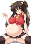  blush bow breasts brown_hair hair_ornament large_breasts nagase_haruhito navel navel_piercing necktie nipples original panties piercing pregnant puffy_nipples shirt skirt smile spread_legs stomach_bulge thighhighs twintails underwear yellow_eyes 