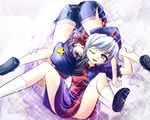  blue_eyes blue_hair blush hat kinniku_buster kouusagi long_hair miyako_yoshika multiple_girls no_ofuda one_eye_closed open_mouth short_hair silver_hair skirt smile spread_legs star touhou wrestling yagokoro_eirin 