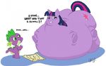  duo equine female feral friendship_is_magic green_eyes hair horn horns horse inflation male mammal morbidly_obese my_little_pony overweight plain_background pony purple_eyes scalie scroll spike_(mlp) starfig twilight_sparkle_(mlp) two_tone_hair unicorn unknown_artist white_background 