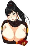  areolae black_eyes black_hair breast_hold breasts cleavage earrings gloves highres huge_breasts jewelry jinroku lian_shi lips lipstick makeup ponytail shin_sangoku_musou solo 