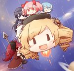  :d akemi_homura black_hair blonde_hair blue_eyes blue_hair boots bow chibi drill_hair fang galaxy hair_bow hair_ornament hairband hairclip kaname_madoka knee_boots magical_girl mahou_shoujo_madoka_magica mami_mogu_mogu miki_sayaka multiple_girls o_o open_mouth pink_eyes pink_hair polearm ponytail purple_eyes red_hair rocket sakura_kyouko saturn short_hair short_twintails smile space spear spoilers star_(sky) tamute_(2580rs) tears thighhighs tomoe_mami twin_drills twintails weapon ||_|| 