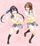  black_eyes brown_eyes brown_hair castanets dancing hirasawa_yui instrument k-on! long_hair maracas multiple_girls nakano_azusa school_uniform short_hair shuri_(9818) un_tan 