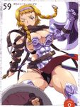  absurdres armor black_panties blonde_hair blue_eyes braid buckle hairband highres hisayuki_hirokazu leina open_mouth panties pov queen's_blade revealing_clothes shield short_hair_with_long_locks side_braid solo sword twin_braids underwear weapon wince 