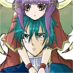  aqua_eyes aqua_hair armor blush dragon_girl dragon_wings dress ephraim fire_emblem fire_emblem:_seima_no_kouseki fire_emblem_sacred_stones from_behind green_eyes green_hair hug hug_from_behind lowres myrrh prince purple_hair red_eyes serious short_hair shy sweat wings 