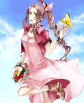  aerith_gainsborough basket boots bracelet brown_hair butterfly cloud clouds dress female final_fantasy final_fantasy_vii flower green_eyes jacket jewelry long_hair mamemameo open_mouth outdoors pink_ribbon ponytail ribbon sky solo 