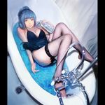  alternate_hairstyle bathroom bathtub black_dress blue_eyes blue_hair blurry bottle depth_of_field derivative_work dress faucet fishnet_legwear fishnets from_above hair_up highres lying moekyon on_back panty_&amp;_stocking_with_garterbelt pouring solo stocking_(psg) thighhighs water water_bottle 