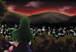  back blush forest green_hair kochiya_sanae long_hair magokorokurage mountain nature skirt solo sunset touhou tree 