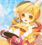  animal_ears bad_id bad_pixiv_id beret blonde_hair cat_ears charlotte_(madoka_magica) drill_hair hair_ornament hat looking_at_viewer mahou_shoujo_madoka_magica nochita_shin open_mouth oven_mitts plate ribbon smile solo tomoe_mami twin_drills twintails yellow_eyes 