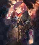  armband asa_(y-asa) blonde_hair checkered checkered_background dagger emblem fire green_eyes hat holster light_smile lips military military_uniform original salute short_hair solo uniform weapon 