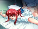  bondage both_genders brown_eyes empty_eyes from_behind medical nurse raep red_hair skirt_lift source_request 